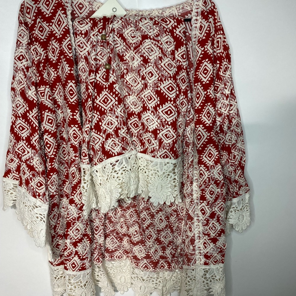Red and White Patterned summer cardigan with matching shorts